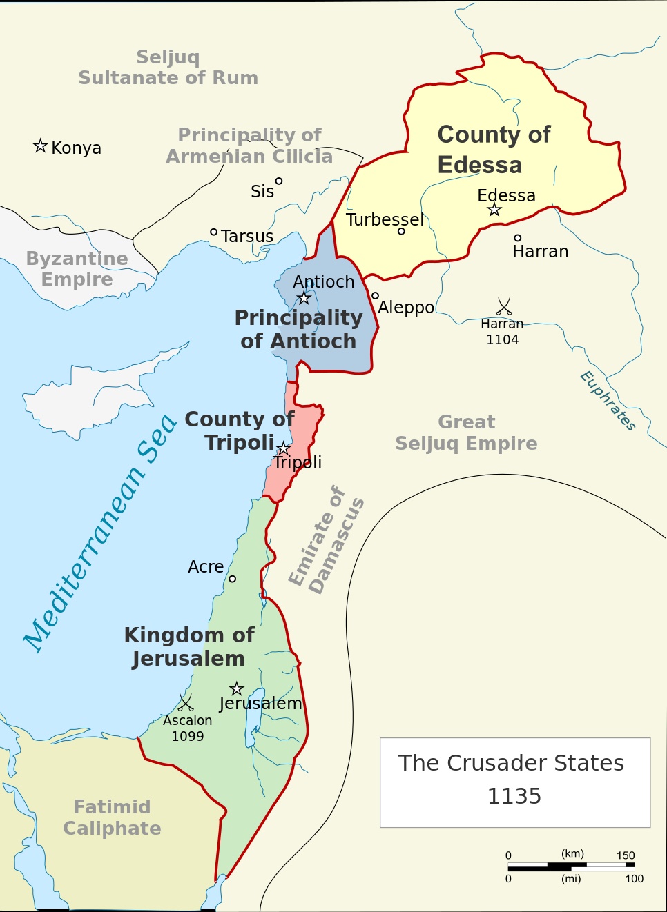 Mapa Ziemi Świętej po Pierwszej Krucjacie, 1135 r n.e.