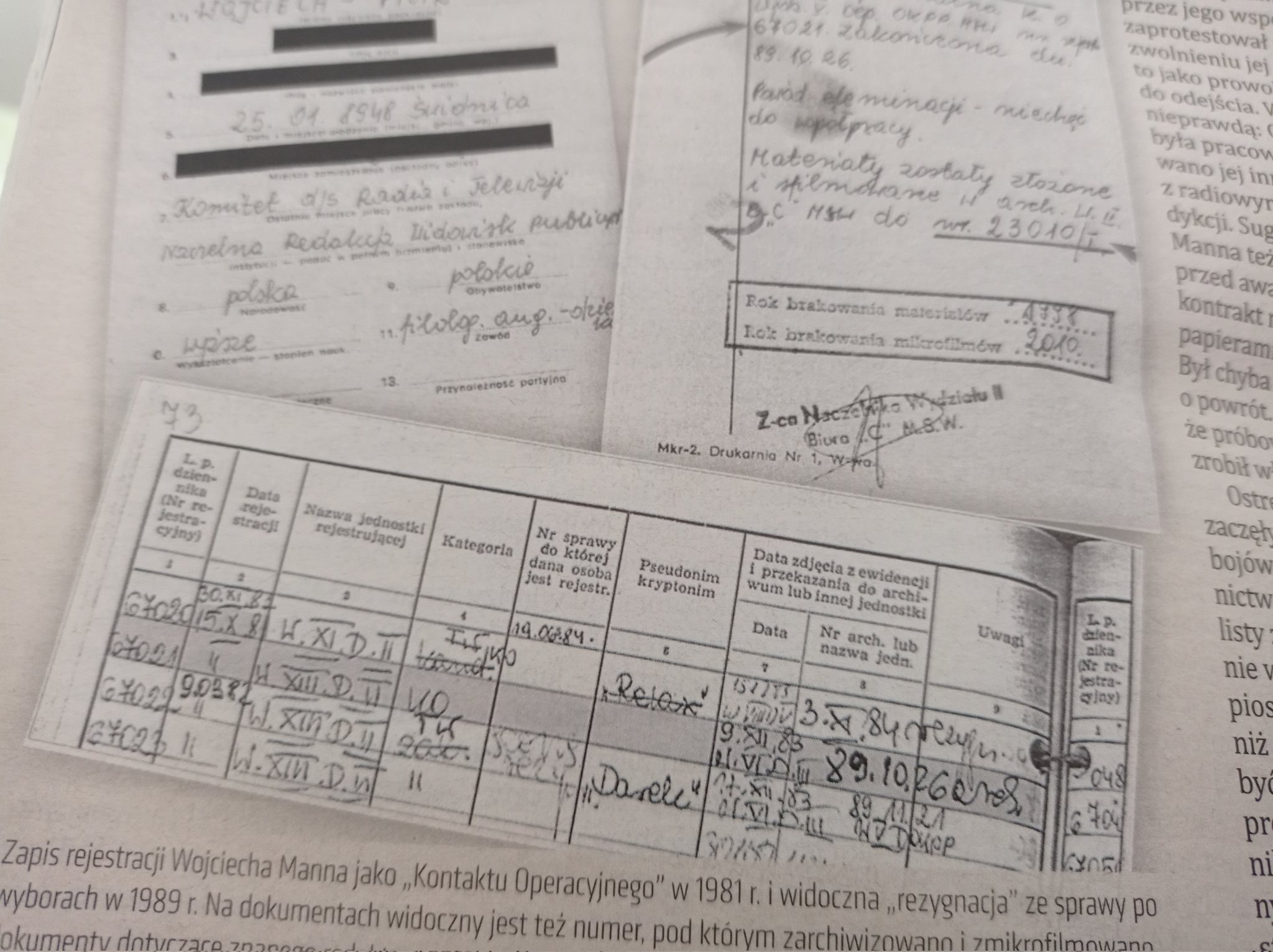 Rejestracja Wojciecha Manna, jako kontaktu operacyjnego w 1981 roku w SB