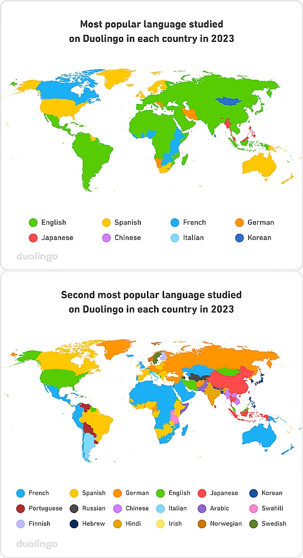 Pierwszy i drugi najpopularniejszy język na Duolingo w 2023 roku