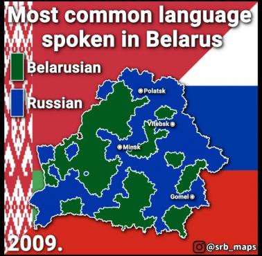 Dominujący język w białoruskich domach (dane 2009) oraz pochodzenie etniczne mieszkańców Białorusi