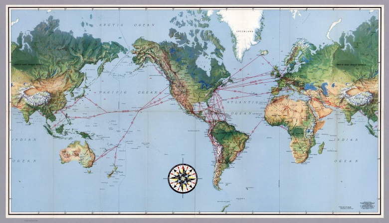 Mapa tras amerykańskiej linii lotniczej Pan-Am z 1952 roku