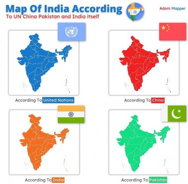 Mapa Indii według (ONZ, Pakistan, Chin, samych Indii)