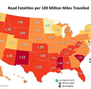 Odsetek śmiertelnych wypadków samochodowych na 100 milionów przejechanych mil, 2019