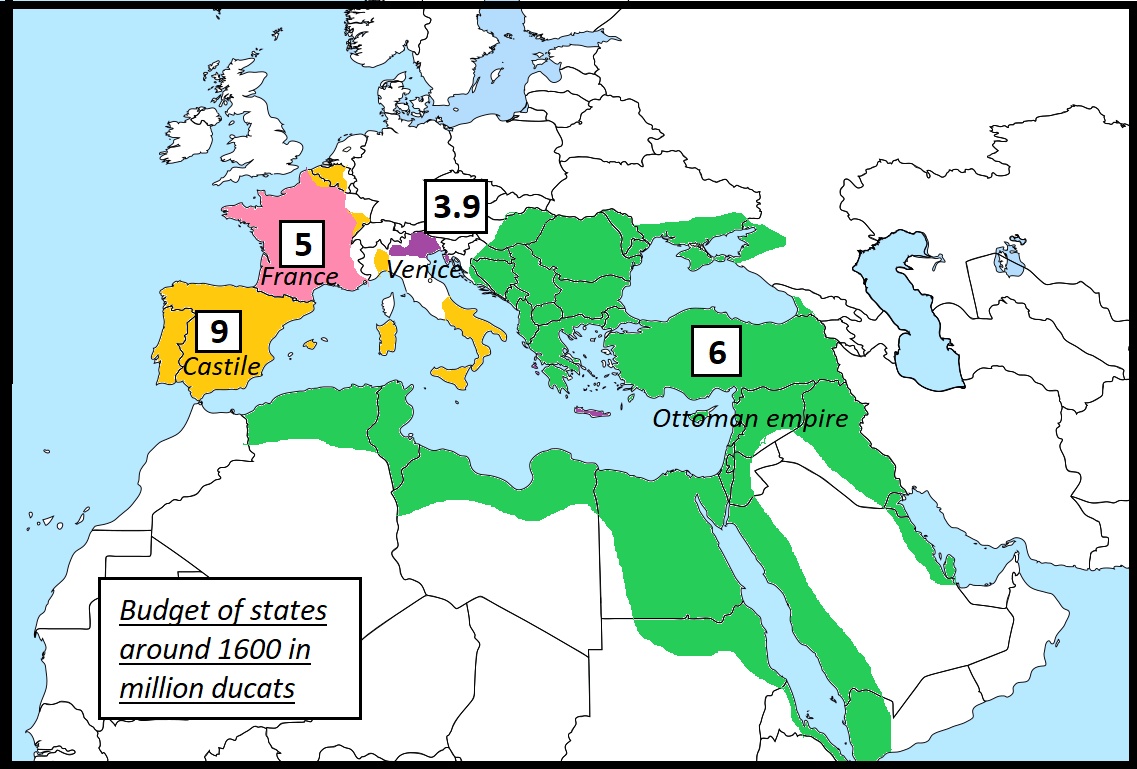 Najbogatsze państwa Europy (budżety państw) i basenu Morza Śródziemnego w 1600 roku