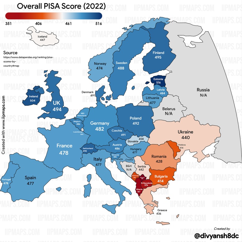 Ranking najlepszych krajów w matematyce, czytaniu i nauce w Europie (PISA Worldwide Ranking), 2022