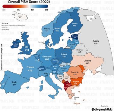 Ranking najlepszych krajów w matematyce, czytaniu i nauce w Europie (PISA Worldwide Ranking), 2022