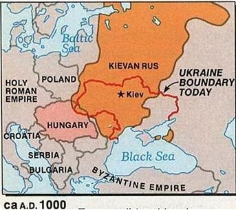 Mapa Rusi Kijowskiej w 1000 roku. Księstwo Moskiewskie jeszcze wtedy nie istniało