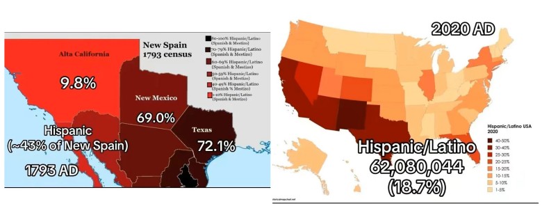 Mapa etniczna USA. Hiszpanie (Latynosi) w 1793 i 2020 roku
