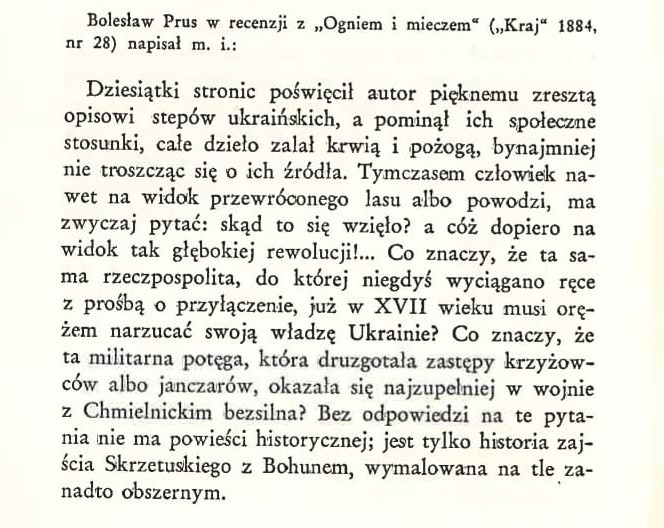 Fragment recenzji Ogniem i mieczem Henryka Sienkiewicza napisanej przez Bolesława Prusa