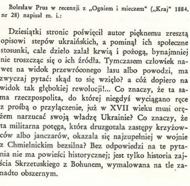 Fragment recenzji "Ogniem i mieczem" Henryka Sienkiewicza napisanej przez Bolesława Prusa