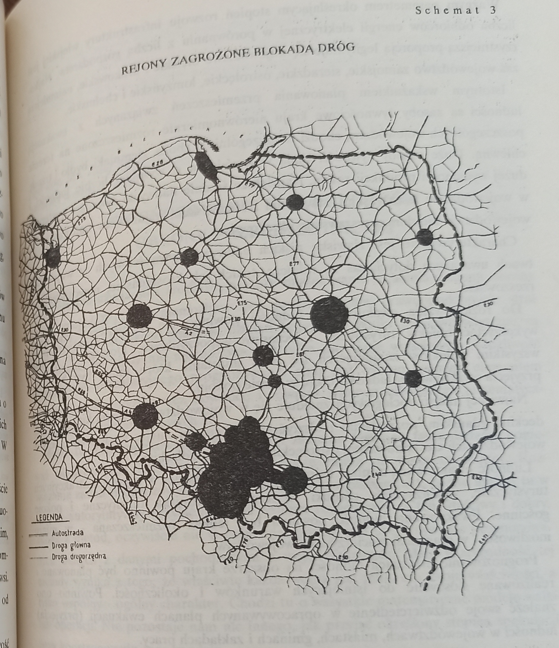 Schemat z 1993 r. - zagrożenia blokadami dróg w przypadku ewakuacji ludności własnymi środkami transportu