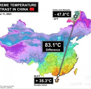 Rożnica temperatur w Chinach, grudzień 2023