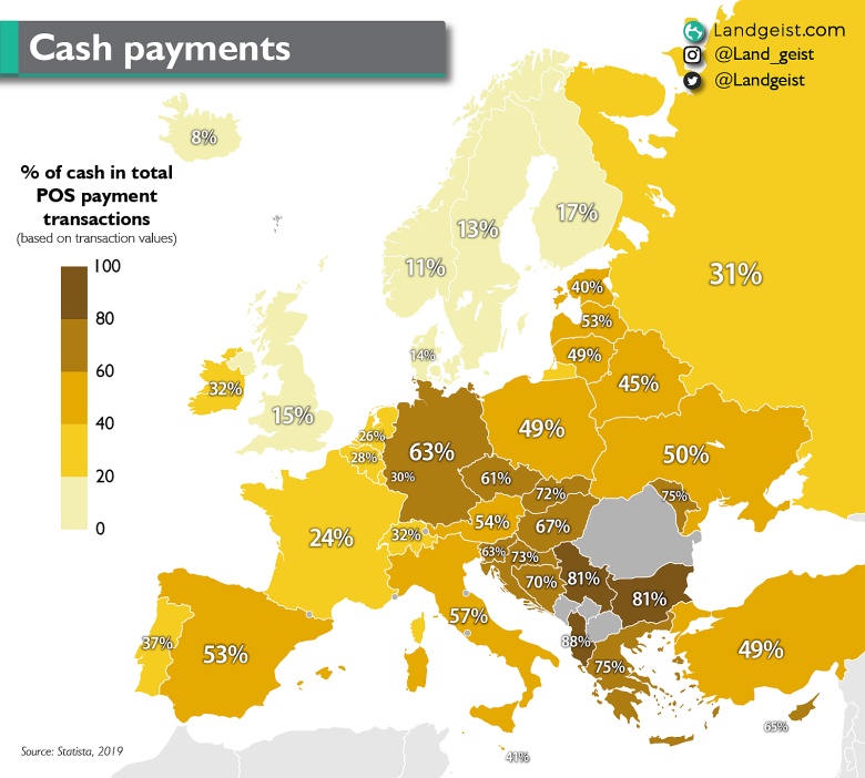 Odsetek operacji gotówką w Europie, 2019