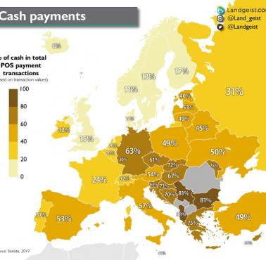 Odsetek operacji gotówką w Europie, 2019