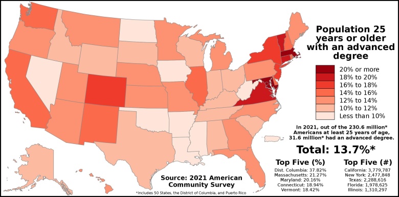 Odsetek populacji z podziałem na stany w USA z wykształceniem wyższym niż licencjat, 2011