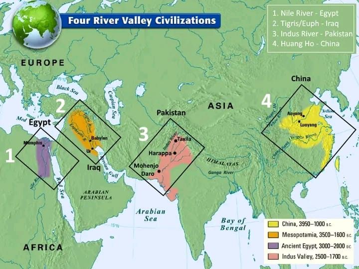 Cztery najstarsze cywilizacje świata (wszystkie powstały w dorzeczu rzek)