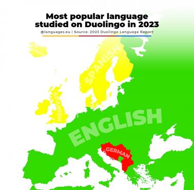 Najpopularniejszy język obcy w poszczególnych krajach w Europie na podstawie danych aplikacji Duolingo, 2023