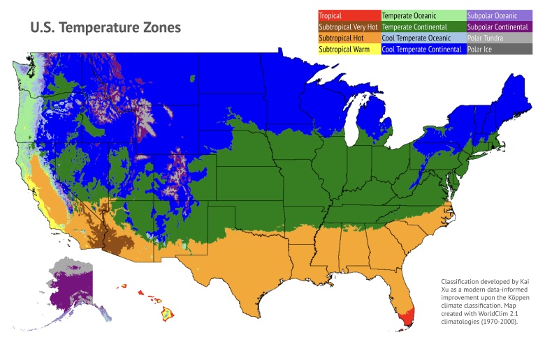 Strefy temperaturowe w USA - regiony o podobnych rocznych wzorcach temperatury, 1970-2000