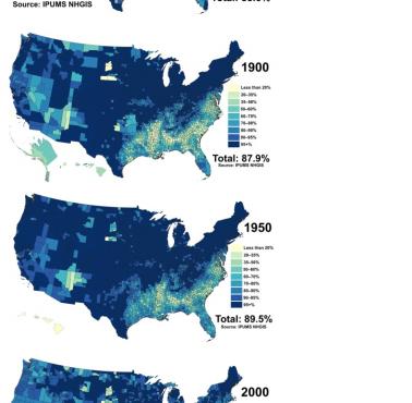 Populacja białych w USA w ujęciu procentowym na przestrzeni kilku dekad, od 1790, 1840 roku do 2020