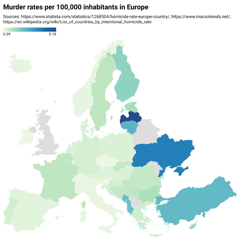 Odsetek morderstw na 100 tys. mieszkańców z użyciem broni palnej w Europie, 2021