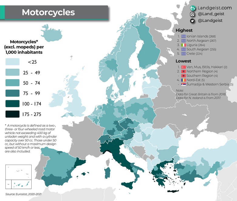 Które obszary w Europie mają największą liczbę motocykli na 1 tys. mieszkańców, 2020-2021