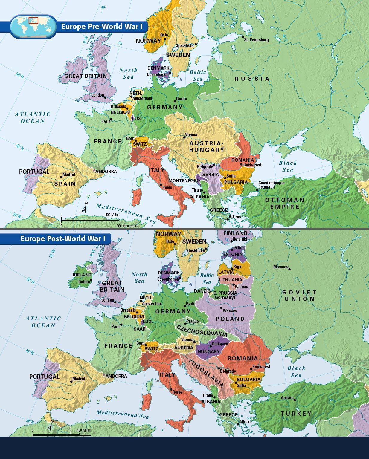 Mapa Europy przed i po I wojnie