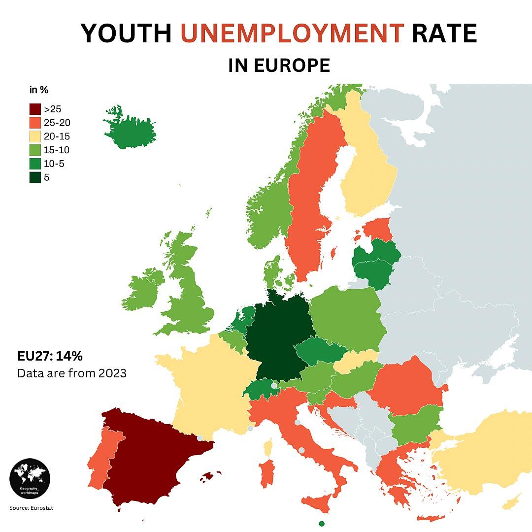 Stopa bezrobocia młodzieży w Europie, 2023