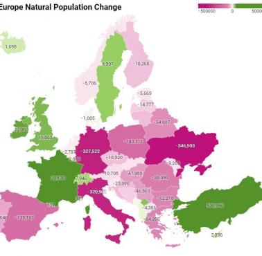 Naturalna zmiana liczby ludności w Europie w 2022 roku