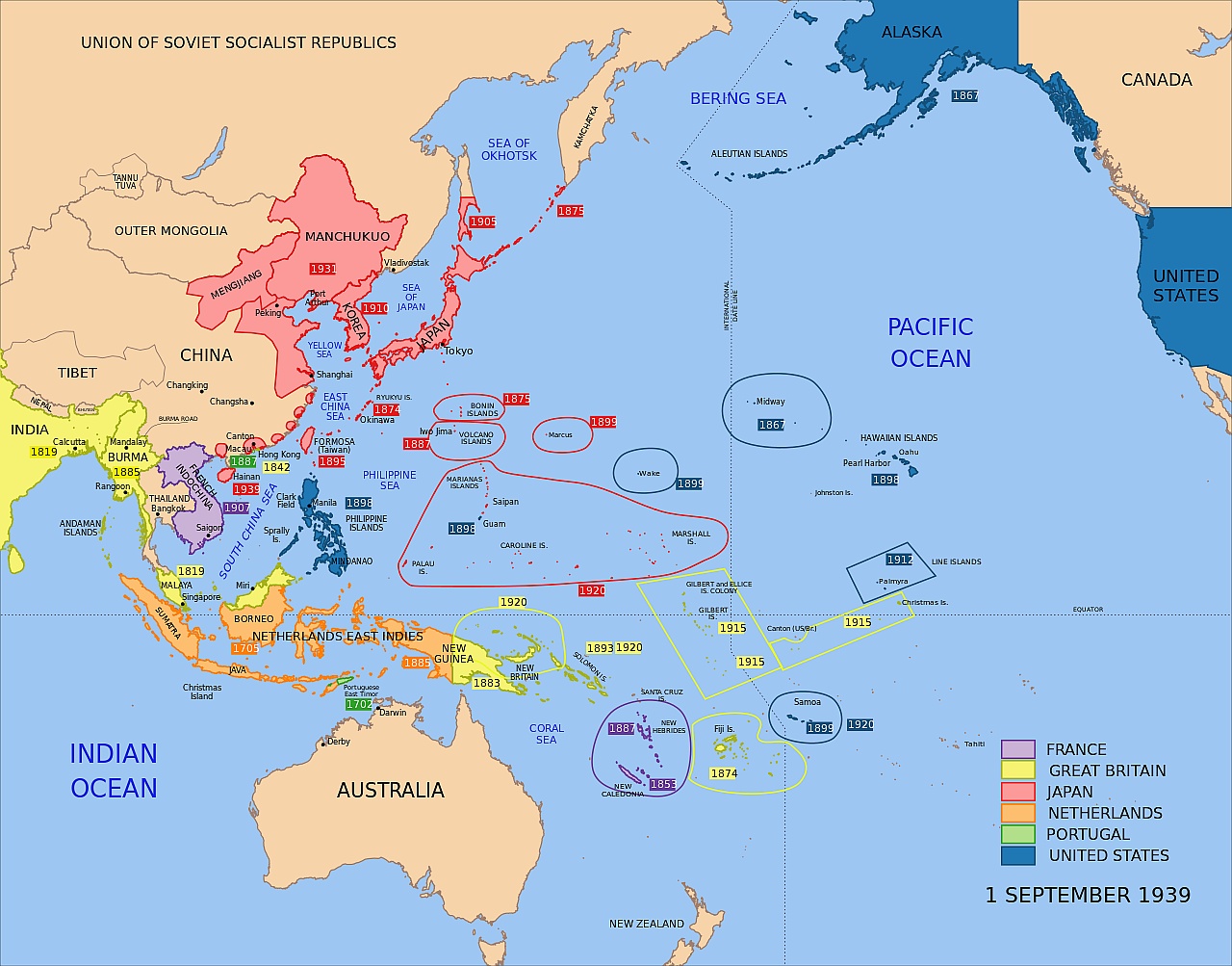 Mapa polityczna Azji w dniu 1 września 1939, kolonie, rozbiór Chin