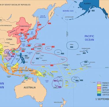 Mapa polityczna Azji w dniu 1 września 1939, kolonie, rozbiór Chin