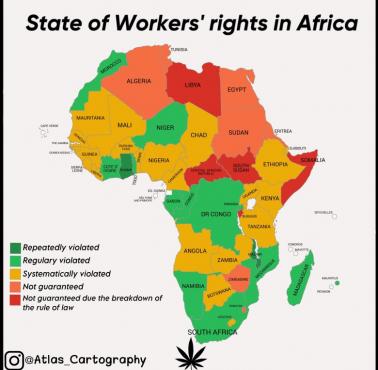 Stan praw pracowniczych w Afryce według Globalnego Indeksu Praw ITUC z 2023 r.