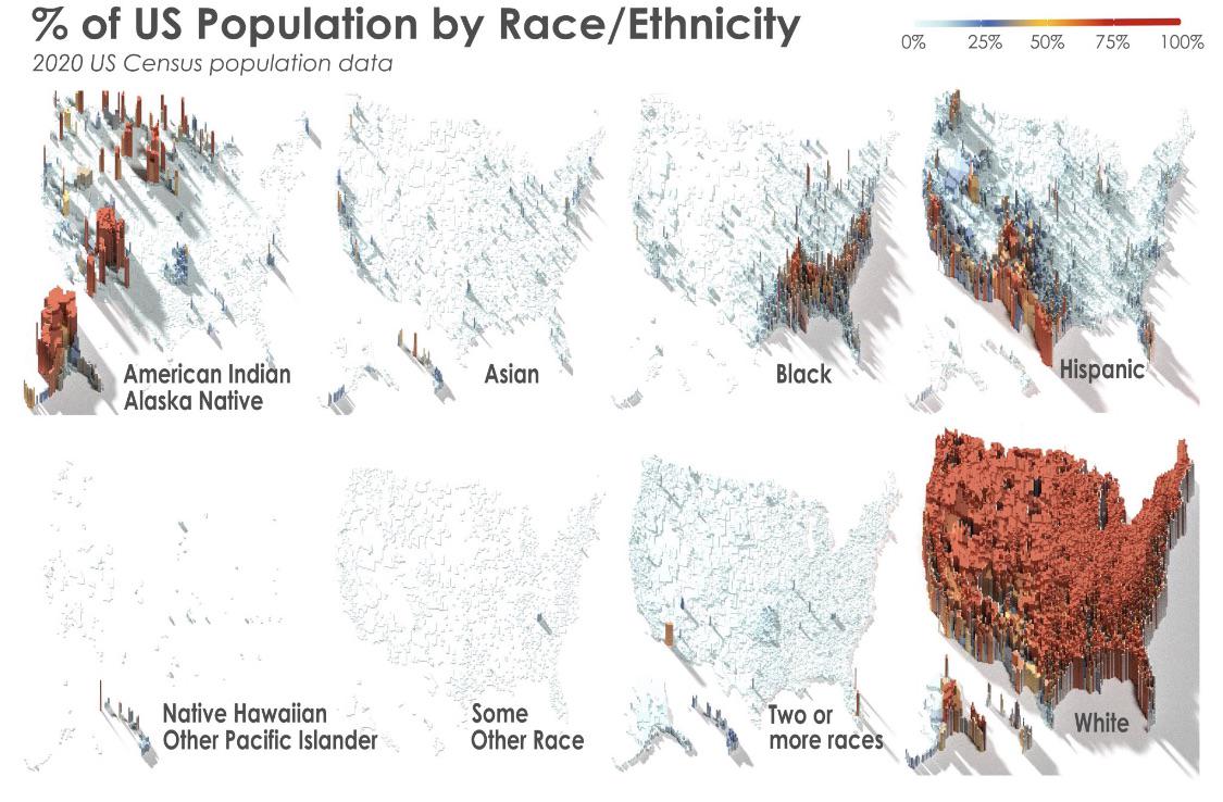 Mapa etniczna USA z podziałem na czarnoskórych, białych, Azjatów, Latynosów .... 2020