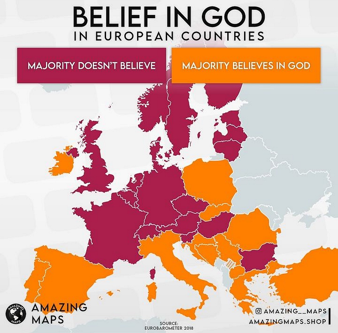 Odsetek Europejczyków, która wierzy w Boga, 2019
