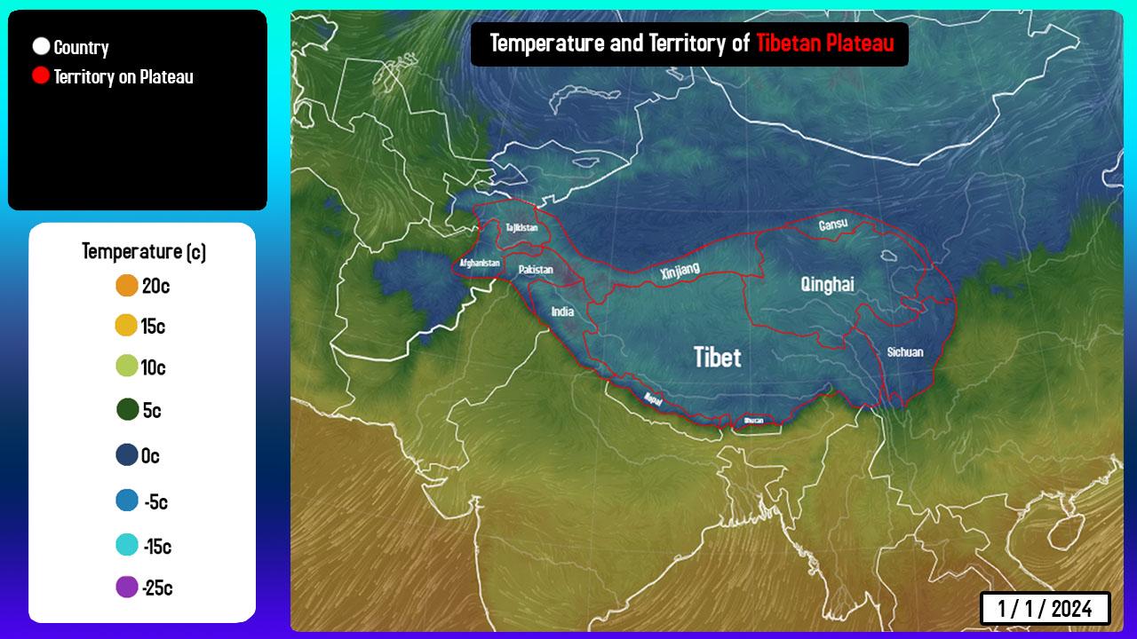 Terytorium i temperatura na Płaskowyżu Tybetańskim, 1.01.2024