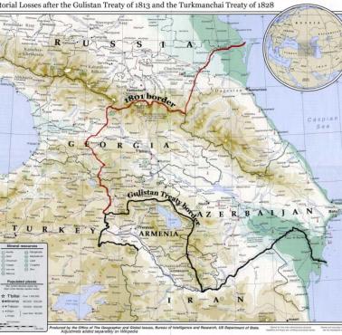 Północno-zachodnie granice Iranu w XIX wieku, obejmujące wschodnią Gruzję, Dagestan, Armenię i Azerbejdżan, 1813, 1828