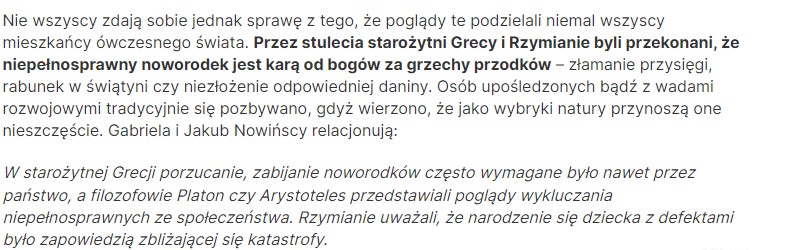 W Rzymie i Grecji uważano, że niepełnosprawny noworodek jest karą od bogów