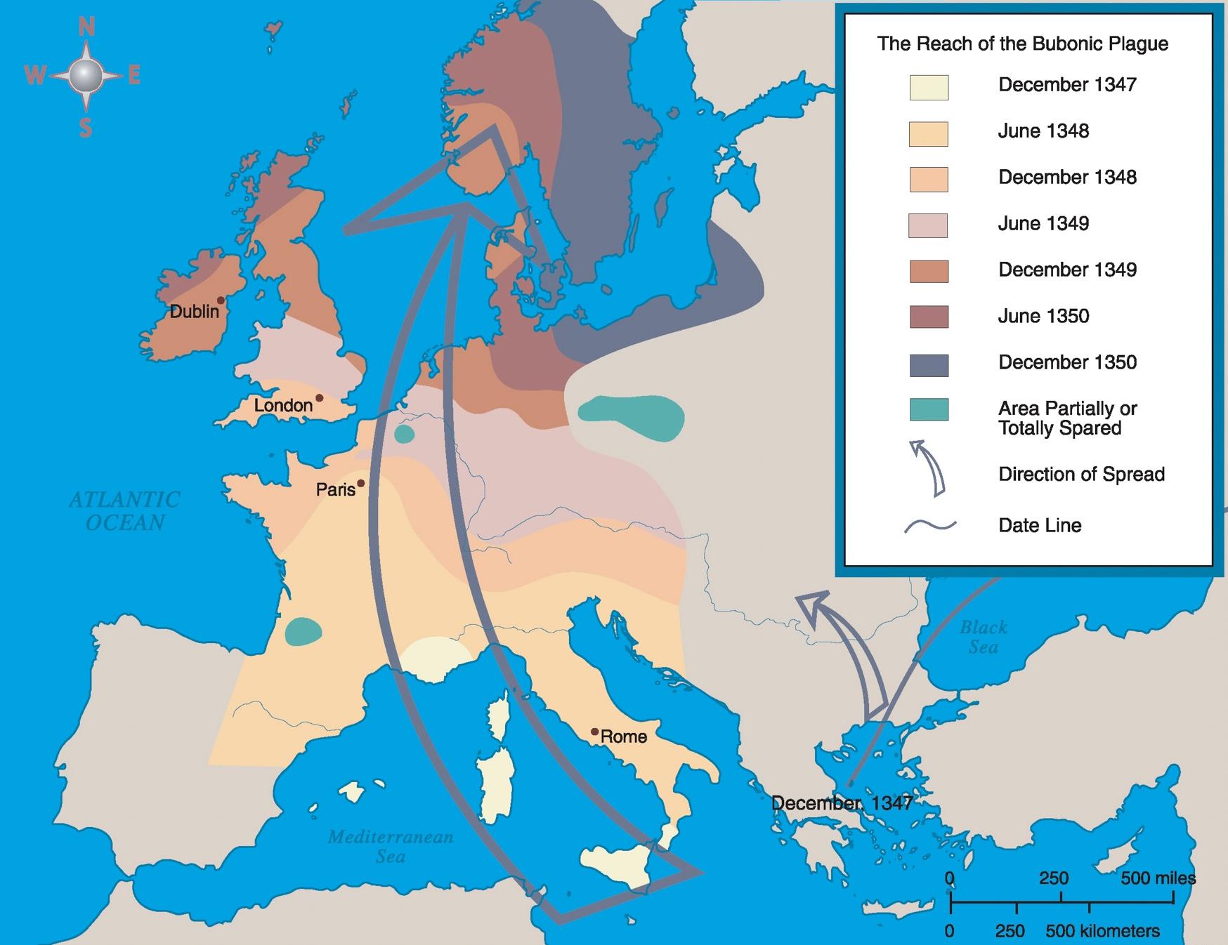 Rozprzestrzenianie się czarnej śmierci (dżumy) w Europie w XIV wieku, 1347-1350