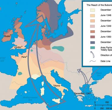 Rozprzestrzenianie się czarnej śmierci (dżumy) w Europie w XIV wieku, 1347-1350