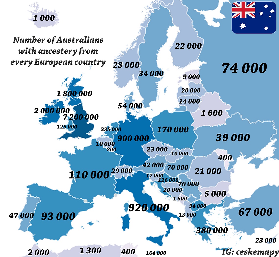 Mapa Australijczyków z europejskim pochodzeniem