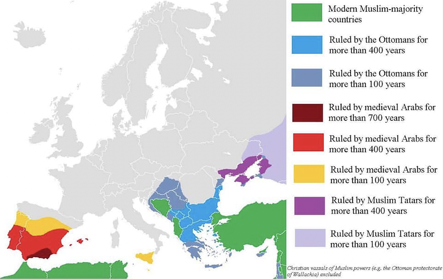 Kraje europejskie, które znajdowały się pod rządami państw islamskich na tle współczesnych granic wraz z liczbą lat