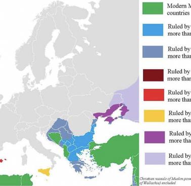 Kraje europejskie, które znajdowały się pod rządami państw islamskich na tle współczesnych granic wraz z liczbą lat