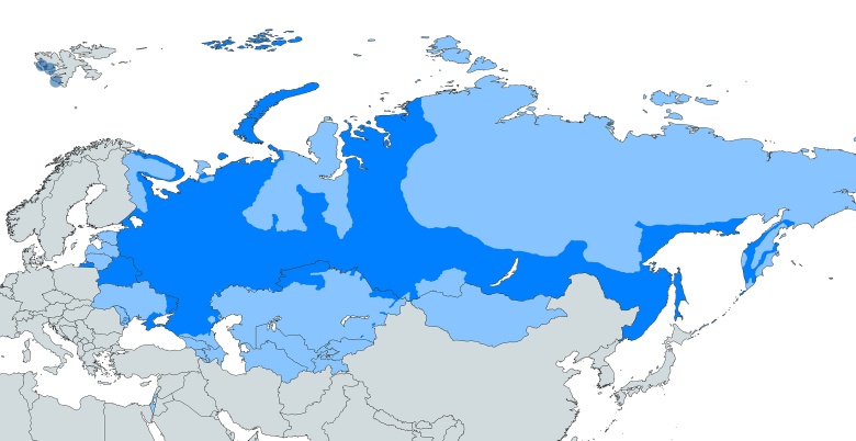 Mapa miejsc, w których używany jest język rosyjski (Jasnoniebieski - mniejszość) (Ciemnoniebieski - większość)