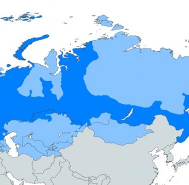 Mapa miejsc, w których używany jest język rosyjski (Jasnoniebieski - mniejszość) (Ciemnoniebieski - większość)