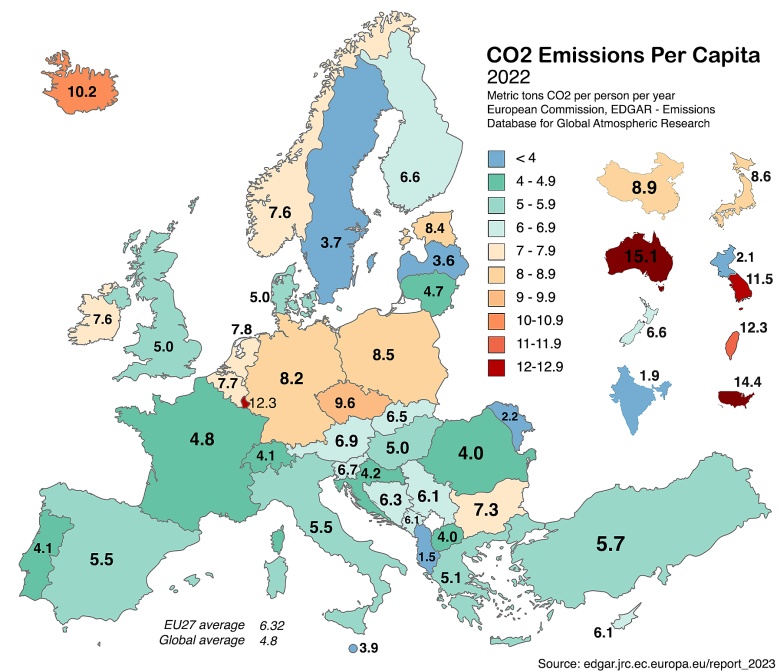 Emisja CO2 na osobę w krajach europejskich, 2022