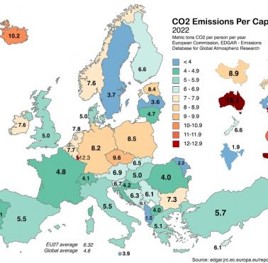 Emisja CO2 na osobę w krajach europejskich, 2022