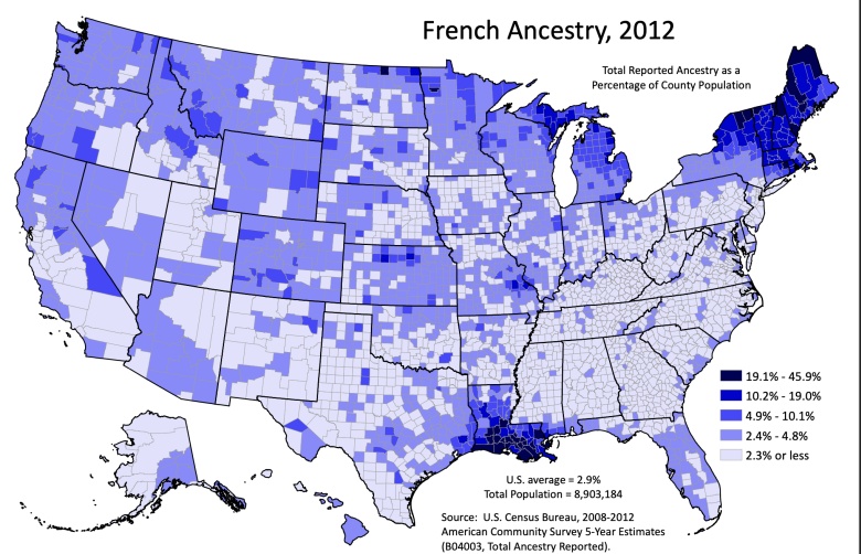 Francuskie pochodzenie w USA z podziałem na hrabstwa, 2012