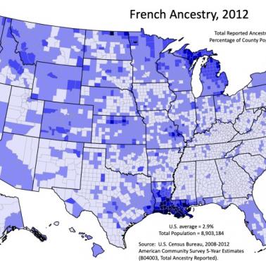 Francuskie pochodzenie w USA z podziałem na hrabstwa, 2012