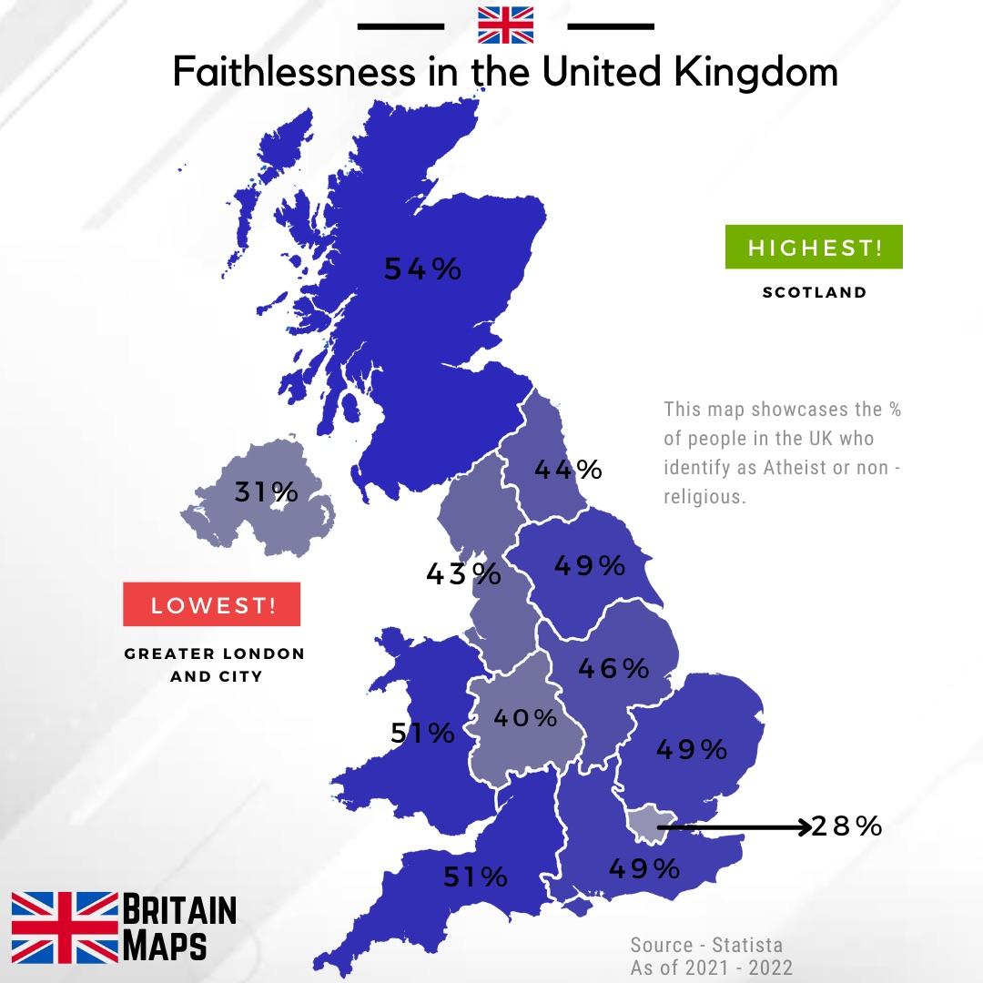 Laicyzacja (religia, ateizm) na Wyspach Brytyjskich, dane 2020-2021