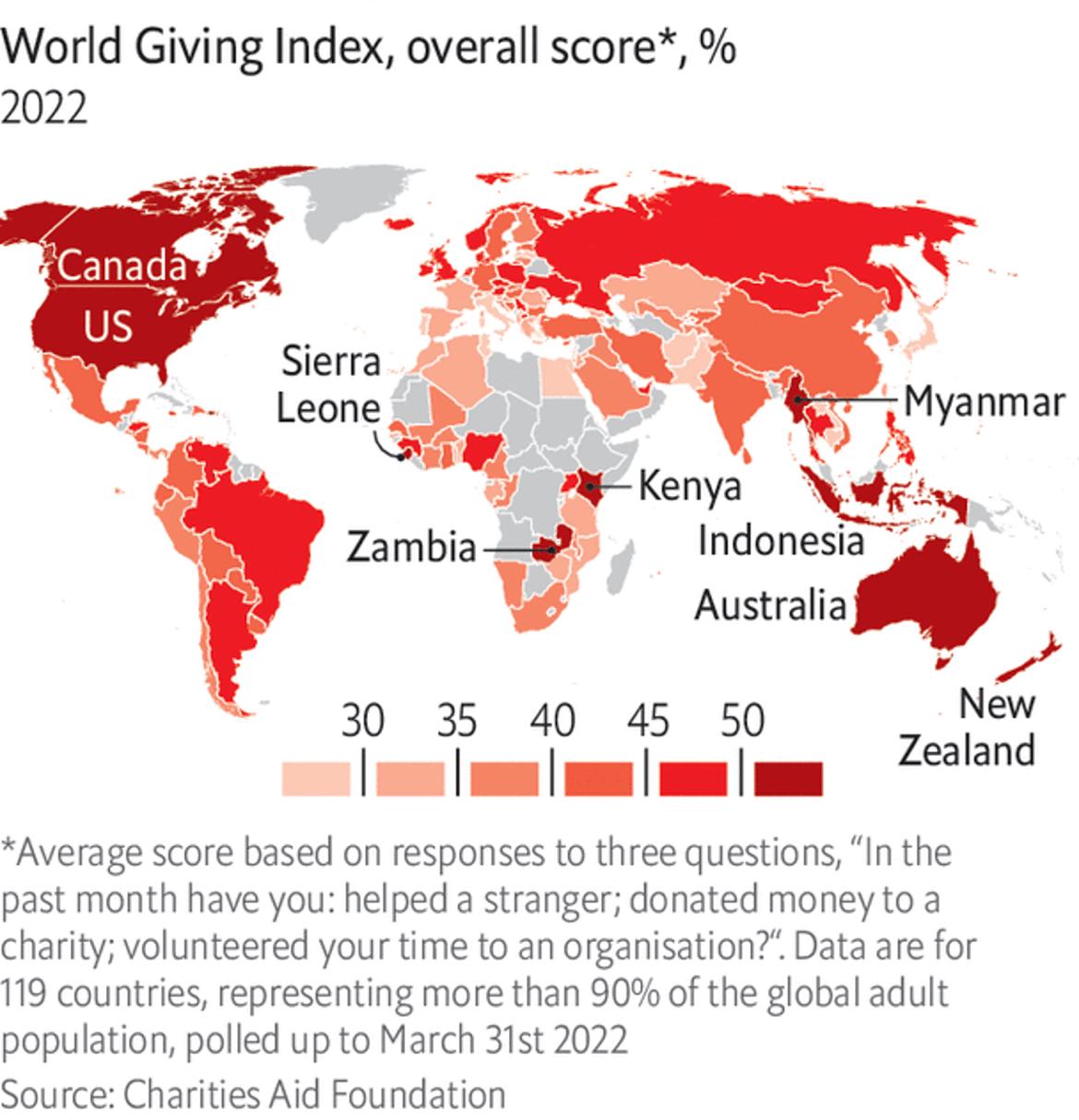 Indeks dobroczynności (CAF World Giving Index 2022), średni odsetek osób, które przekazują pieniądze na cele dobroczynne