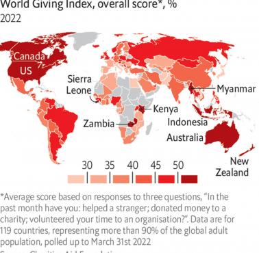 Indeks dobroczynności (CAF World Giving Index 2022), średni odsetek osób, które przekazują pieniądze na cele dobroczynne